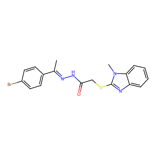 N-[(E)-1-(4-bromophenyl)ethylideneamino]-2-(1-methylbenzimidazol-2-yl)sulfanylacetamide structure