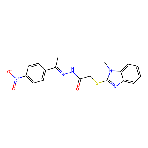 (E)-2-((1-methyl-1H-benzo[d]imidazol-2-yl)thio)-N'-(1-(4-nitrophenyl)ethylidene)acetohydrazide structure