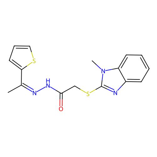 2-(1-methylbenzimidazol-2-yl)sulfanyl-N-[(Z)-1-thiophen-2-ylethylideneamino]acetamide structure