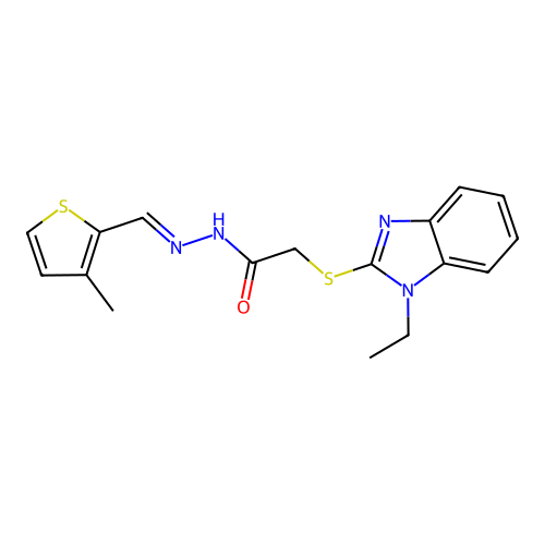 N-[(1E)-2-(3-methyl(2-thienyl))-1-azavinyl]-2-(1-ethylbenzimidazol-2-ylthio)ac etamide structure