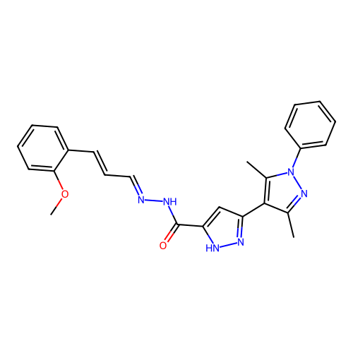 (E)-N'-((E)-3-(2-methoxyphenyl)allylidene)-3',5'-dimethyl-1'-phenyl-1H,1'H-[3,4'-bipyrazole]-5-carbohydrazide structure