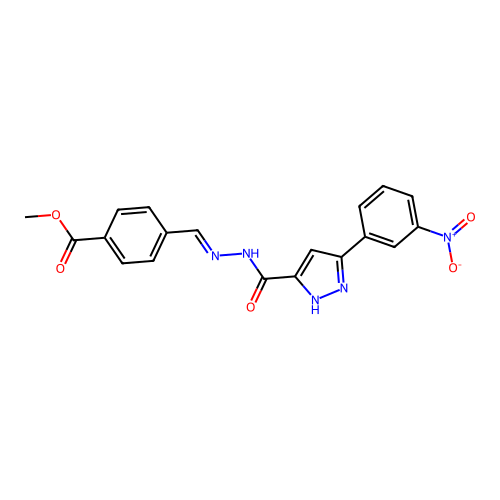 (E)-methyl 4-((2-(3-(3-nitrophenyl)-1H-pyrazole-5-carbonyl)hydrazono)methyl)benzoate structure