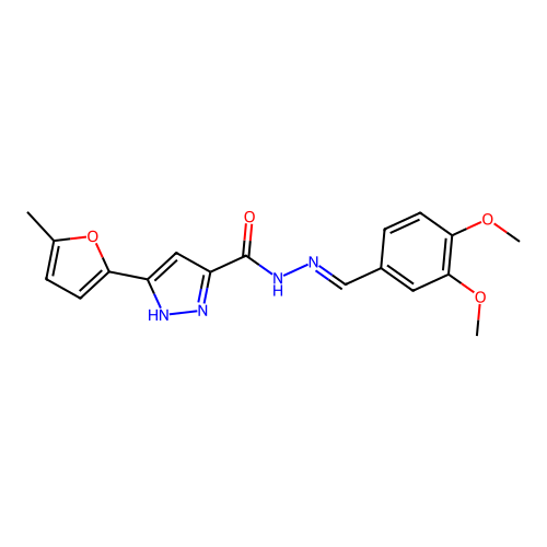 (E)-N'-(3,4-dimethoxybenzylidene)-3-(5-methylfuran-2-yl)-1H-pyrazole-5-carbohydrazide structure