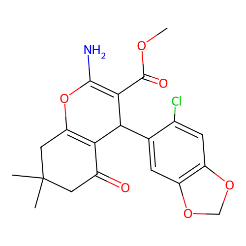methyl 2-amino-4-(6-chloro(2H-benzo[d]1,3-dioxolan-5-yl))-7,7-dimethyl-5-oxo-4 H-6,7,8-trihydrochromene-3-carboxylate structure