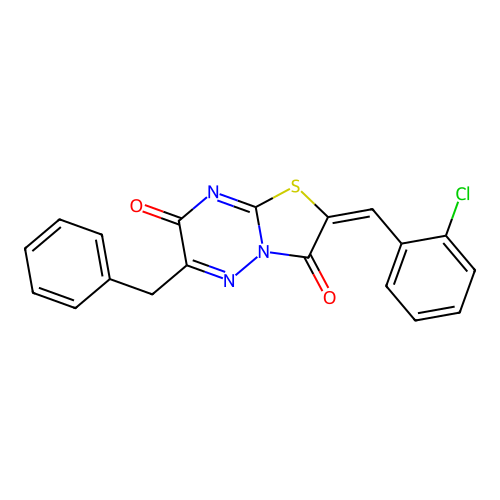 (E)-6-benzyl-2-(2-chlorobenzylidene)-2H-thiazolo[3,2-b][1,2,4]triazine-3,7-dione structure