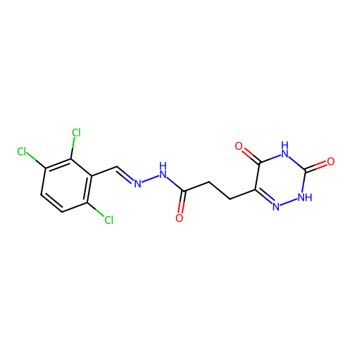 (E)-3-(3,5-dioxo-2,3,4,5-tetrahydro-1,2,4-triazin-6-yl)-N'-(2,3,6-trichlorobenzylidene)propanehydrazide structure