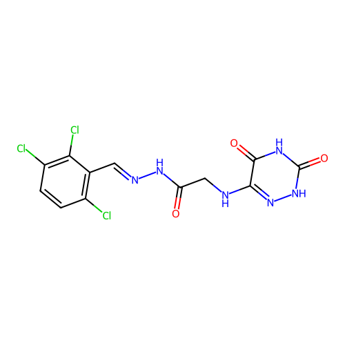 2-[(3,5-dioxo-2H-1,2,4-triazin-6-yl)amino]-N-[(E)-(2,3,6-trichlorophenyl)methylideneamino]acetamide structure