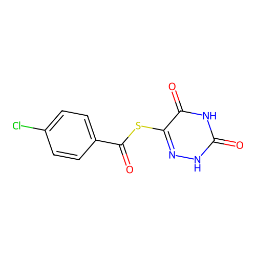 S-(3,5-dihydroxy-1,2,4-triazin-6-yl) 4-chlorobenzenecarbothioate structure