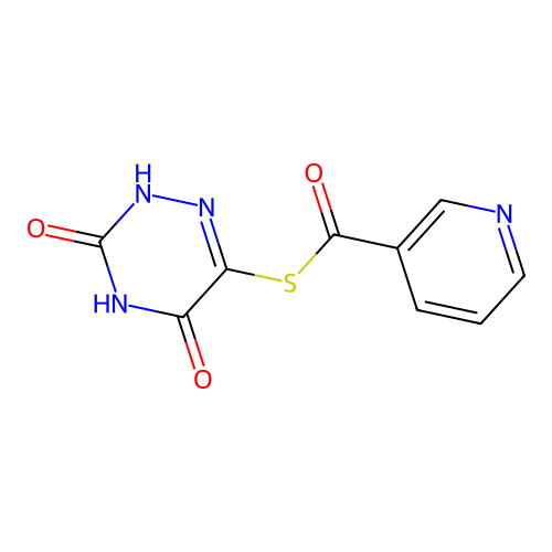 S-(3,5-dihydroxy-1,2,4-triazin-6-yl) pyridine-3-carbothioate structure