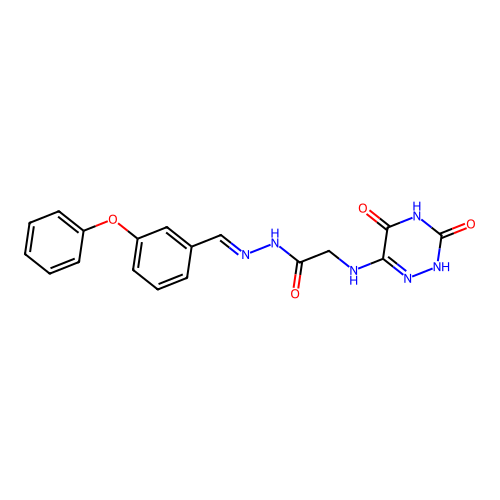 2-[(3,5-dihydroxy-1,2,4-triazin-6-yl)amino]-N'-[(E)-(3-phenoxyphenyl)methylidene]acetohydrazide (non-preferred name) structure