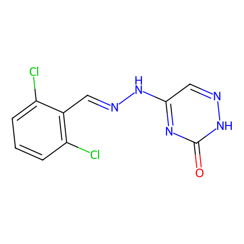 (E)-5-(2-(2,6-dichlorobenzylidene)hydrazinyl)-1,2,4-triazin-3(2H)-one structure