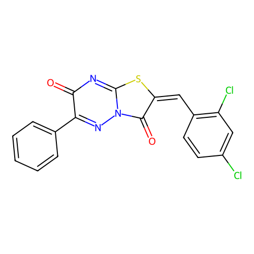 (E)-2-(2,4-dichlorobenzylidene)-6-phenyl-2H-thiazolo[3,2-b][1,2,4]triazine-3,7-dione structure