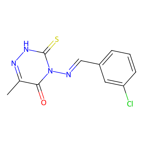 4-[(1E)-2-(3-chlorophenyl)-1-azavinyl]-6-methyl-3-thioxo-2H-1,2,4-triazin-5-on e structure