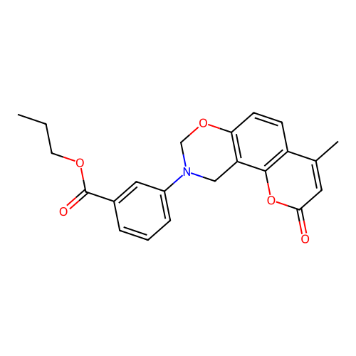 propyl 3-(4-methyl-2-oxo-2H,8H-chromeno[8,7-e][1,3]oxazin-9(10H)-yl)benzoate structure