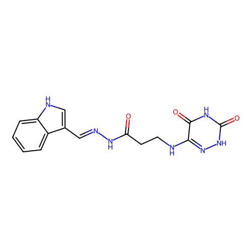 (E)-N'-((1H-indol-3-yl)methylene)-3-((3,5-dihydroxy-1,2,4-triazin-6-yl)amino)propanehydrazide structure