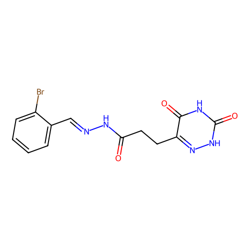 N-[(E)-(2-bromophenyl)methylideneamino]-3-(3,5-dioxo-2H-1,2,4-triazin-6-yl)propanamide structure