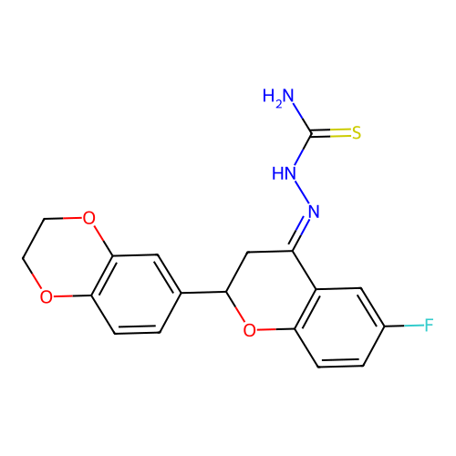 (2E)-2-[2-(2,3-dihydro-1,4-benzodioxin-6-yl)-6-fluoro-2,3-dihydro-4H-chromen-4-ylidene]hydrazinecarbothioamide structure