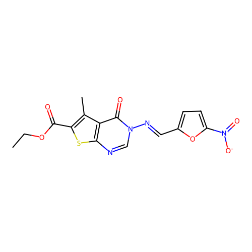 (E)-ethyl 5-methyl-3-(((5-nitrofuran-2-yl)methylene)amino)-4-oxo-3,4-dihydrothieno[2,3-d]pyrimidine-6-carboxylate structure
