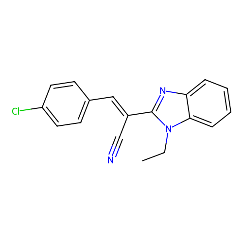 (2E)-3-(4-chlorophenyl)-2-(1-ethylbenzimidazol-2-yl)prop-2-enenitrile structure