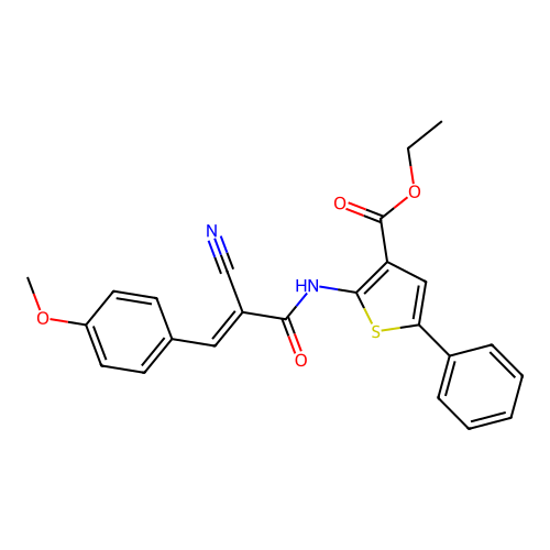ethyl 2-[[(E)-2-cyano-3-(4-methoxyphenyl)prop-2-enoyl]amino]-5-phenylthiophene-3-carboxylate structure