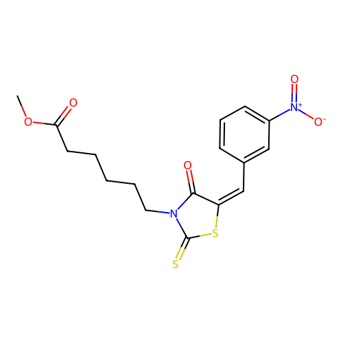 methyl 6-[(5E)-5-[(3-nitrophenyl)methylidene]-4-oxo-2-sulfanylidene-1,3-thiazolidin-3-yl]hexanoate structure