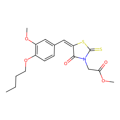 (E)-methyl 2-(5-(4-butoxy-3-methoxybenzylidene)-4-oxo-2-thioxothiazolidin-3-yl)acetate structure