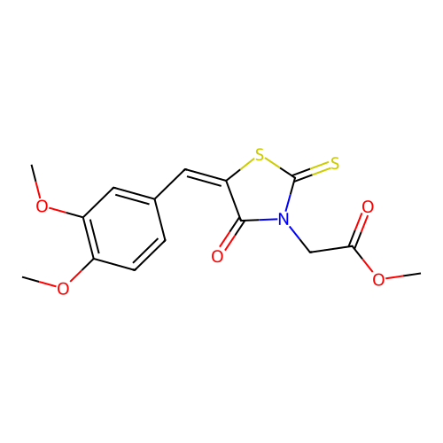 (E)-methyl 2-(5-(3,4-dimethoxybenzylidene)-4-oxo-2-thioxothiazolidin-3-yl)acetate structure
