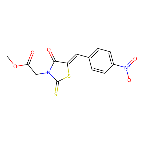 (Z)-methyl 2-(5-(4-nitrobenzylidene)-4-oxo-2-thioxothiazolidin-3-yl)acetate structure