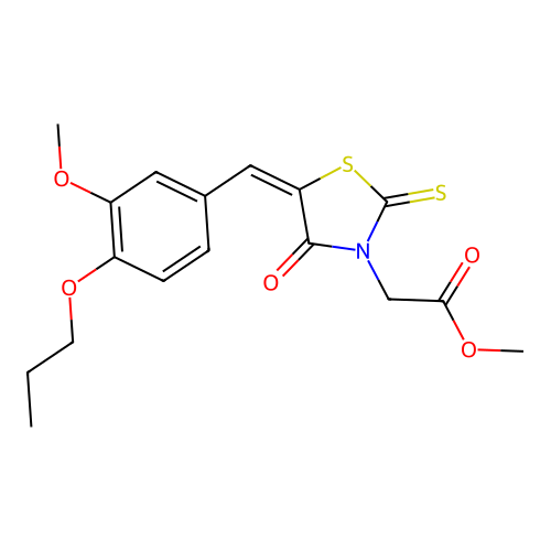 (E)-methyl 2-(5-(3-methoxy-4-propoxybenzylidene)-4-oxo-2-thioxothiazolidin-3-yl)acetate structure