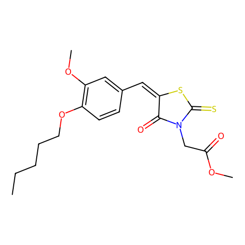 (E)-methyl 2-(5-(3-methoxy-4-(pentyloxy)benzylidene)-4-oxo-2-thioxothiazolidin-3-yl)acetate structure