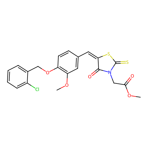 (E)-methyl 2-(5-(4-((2-chlorobenzyl)oxy)-3-methoxybenzylidene)-4-oxo-2-thioxothiazolidin-3-yl)acetate structure