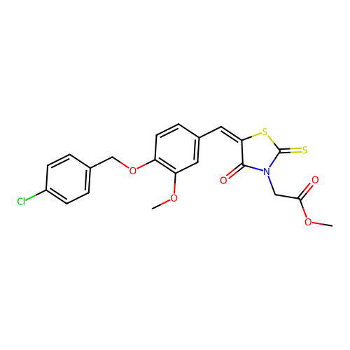 (E)-methyl 2-(5-(4-((4-chlorobenzyl)oxy)-3-methoxybenzylidene)-4-oxo-2-thioxothiazolidin-3-yl)acetate structure