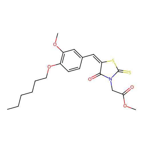 (E)-methyl 2-(5-(4-(hexyloxy)-3-methoxybenzylidene)-4-oxo-2-thioxothiazolidin-3-yl)acetate structure