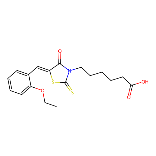 (Z)-6-(5-(2-ethoxybenzylidene)-4-oxo-2-thioxothiazolidin-3-yl)hexanoic acid structure