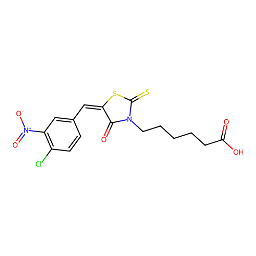 (E)-6-(5-(4-chloro-3-nitrobenzylidene)-4-oxo-2-thioxothiazolidin-3-yl)hexanoic acid structure