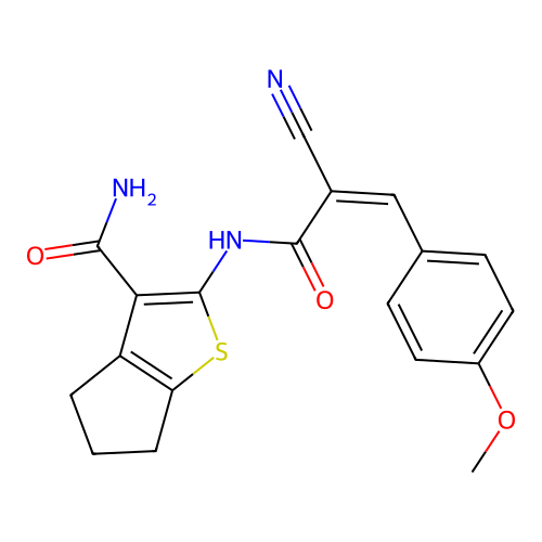 (Z)-2-(2-cyano-3-(4-methoxyphenyl)acrylamido)-5,6-dihydro-4H-cyclopenta[b]thiophene-3-carboxamide structure