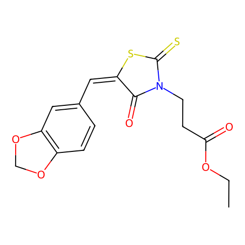 (E)-ethyl 3-(5-(benzo[d][1,3]dioxol-5-ylmethylene)-4-oxo-2-thioxothiazolidin-3-yl)propanoate structure