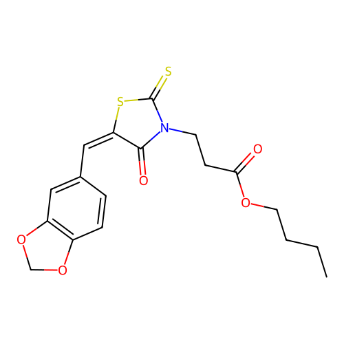 (E)-butyl 3-(5-(benzo[d][1,3]dioxol-5-ylmethylene)-4-oxo-2-thioxothiazolidin-3-yl)propanoate structure