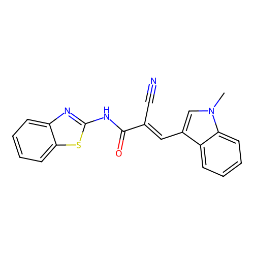 (2E)-N-(1,3-benzothiazol-2-yl)-2-cyano-3-(1-methyl-1H-indol-3-yl)prop-2-enamide structure