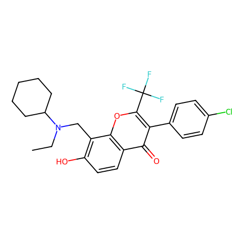 3-(4-chlorophenyl)-8-[[cyclohexyl(ethyl)amino]methyl]-7-hydroxy-2-(trifluoromethyl)chromen-4-one structure