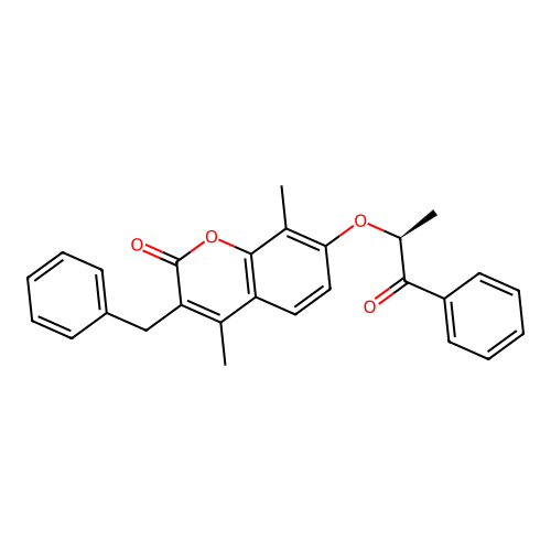 3-benzyl-4,8-dimethyl-7-((1-oxo-1-phenylpropan-2-yl)oxy)-2H-chromen-2-one structure