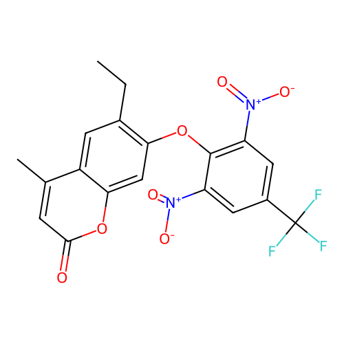 7-[2,6-dinitro-4-(trifluoromethyl)phenoxy]-6-ethyl-4-methyl-2H-chromen-2-one structure