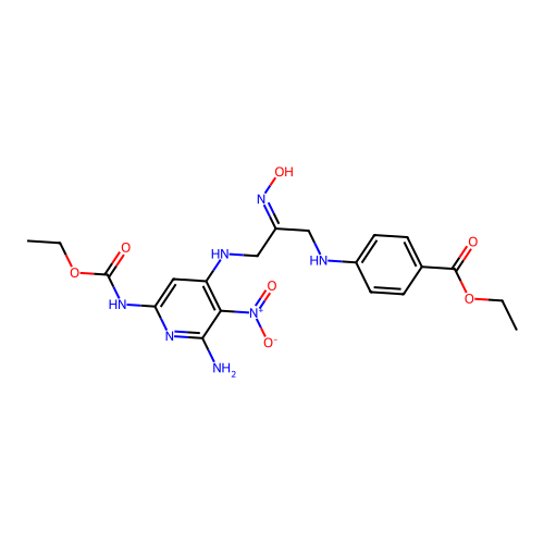 Ethyl 4-{[(2E)-3-({2-amino-6-[(ethoxycarbonyl)amino]-3-nitropyridin-4-yl}amino)-2-(hydroxyimino)propyl]amino}benzoate structure