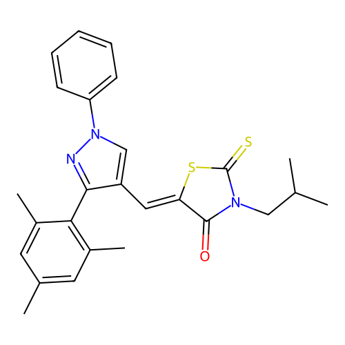 3-Isobutyl-5-((3-mesityl-1-phenyl-1H-pyrazol-4-yl)methylene)-2-thioxothiazolidin-4-one structure
