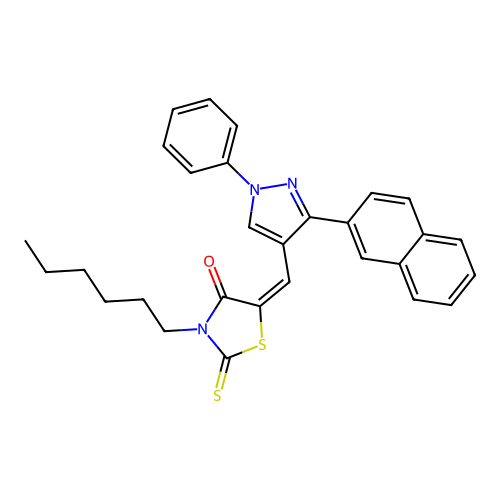(5E)-3-hexyl-5-{[3-(2-naphthyl)-1-phenyl-1H-pyrazol-4-yl]methylene}-2-thioxo-1,3-thiazolidin-4-one structure