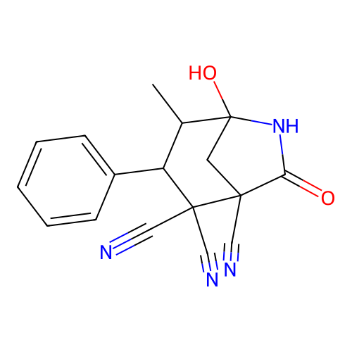 5-hydroxy-4-methyl-7-oxo-3-phenyl-6-azabicyclo[3.2.1]octane-1,2,2-tricarbonitrile structure