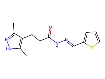 3-(3,5-dimethyl-1H-pyrazol-4-yl)-N-[(E)-thiophen-2-ylmethylideneamino]propanamide structure