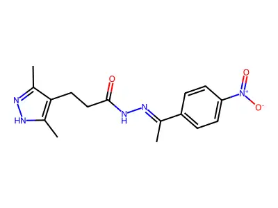 3-(3,5-dimethyl-1H-pyrazol-4-yl)-N'-[(1E)-1-(4-nitrophenyl)ethylidene]propanehydrazide structure