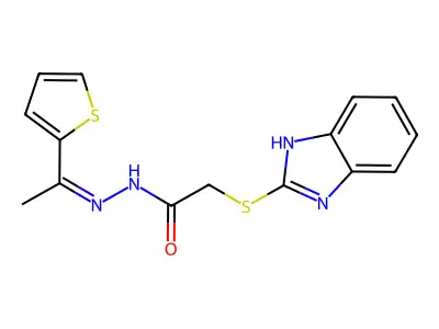 (Z)-2-((1H-benzo[d]imidazol-2-yl)thio)-N'-(1-(thiophen-2-yl)ethylidene)acetohydrazide structure