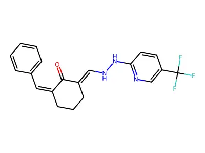 2-benzylidene-6-[[2-[5-(trifluoromethyl)pyridin-2-yl]hydrazinyl]methylidene]cyclohexan-1-one structure